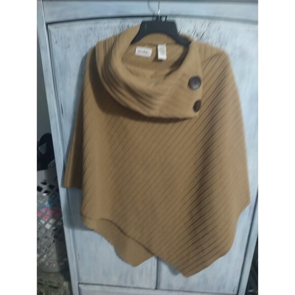 La Moda One Size Poncho Beige Brown Buttons Boho Cozy - Picture 1 of 8